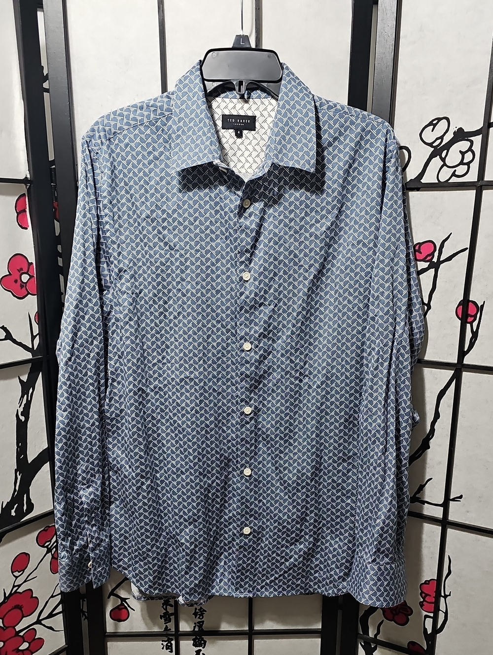 Ted Baker Blue Patterned Long-Sleeve Button-Down Shirt Size 4 Large